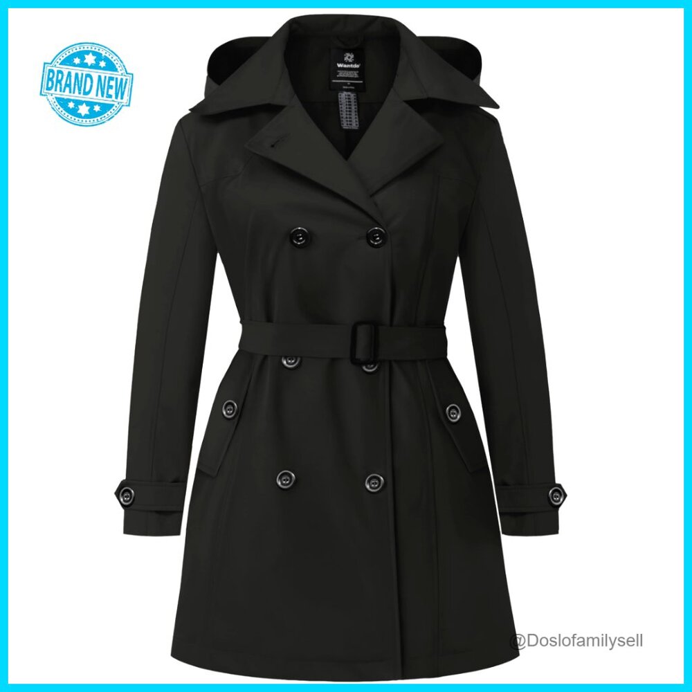 Double-Breasted Trench Coat Waterproof Detachable Hood Elegant Classic Plus Size